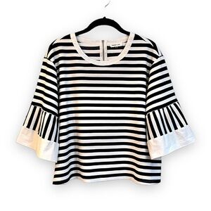 SUGAR LIPS, NWOT, BLACK & WHITE STRIPE, CROP TOP. HALF BELL SLEEVE. SIZE M.